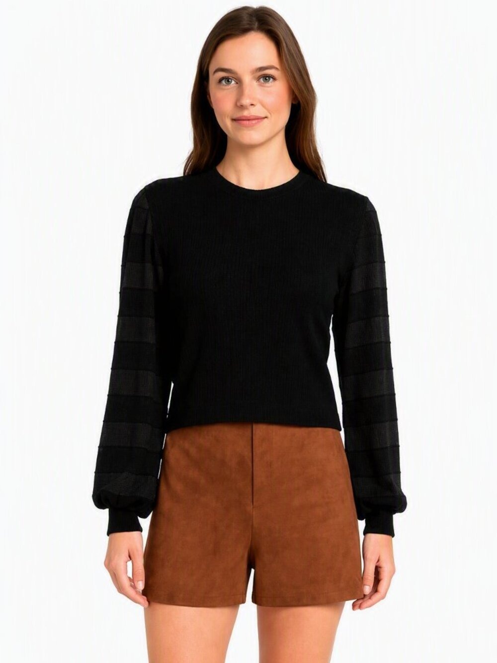 Club Monaco Black Woven Sleeve Blouson Top XS – Chic Textured Minimalist Style